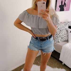 BLACK AND WHITE STRIPED OFF SHOULDER CROP TOP